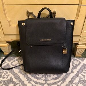 Michael Kors Black Pebbled Leather Backpack with Gold Accents